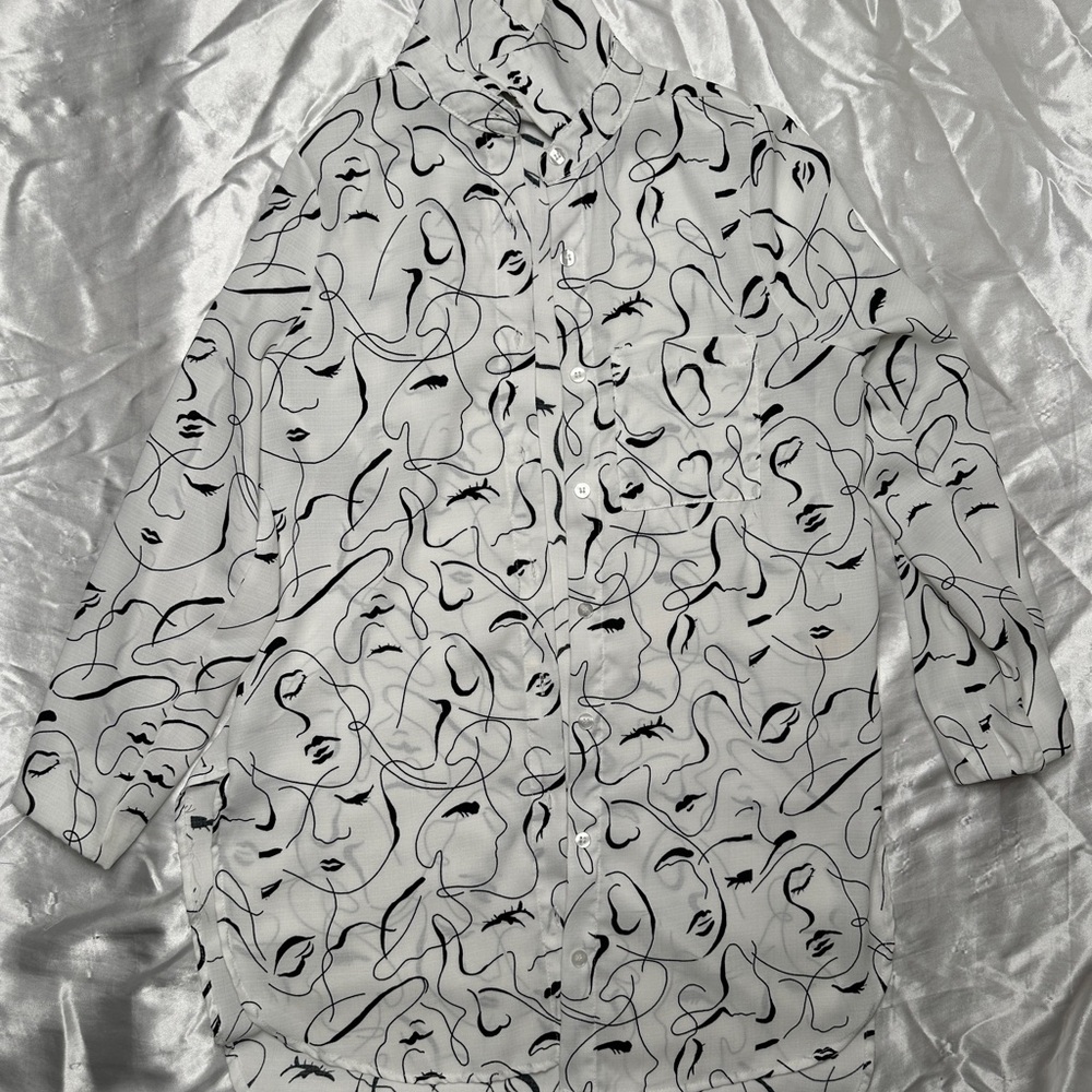 Abstract Face Print Button Down Shirt long sleeve blouse. Women or Junior.